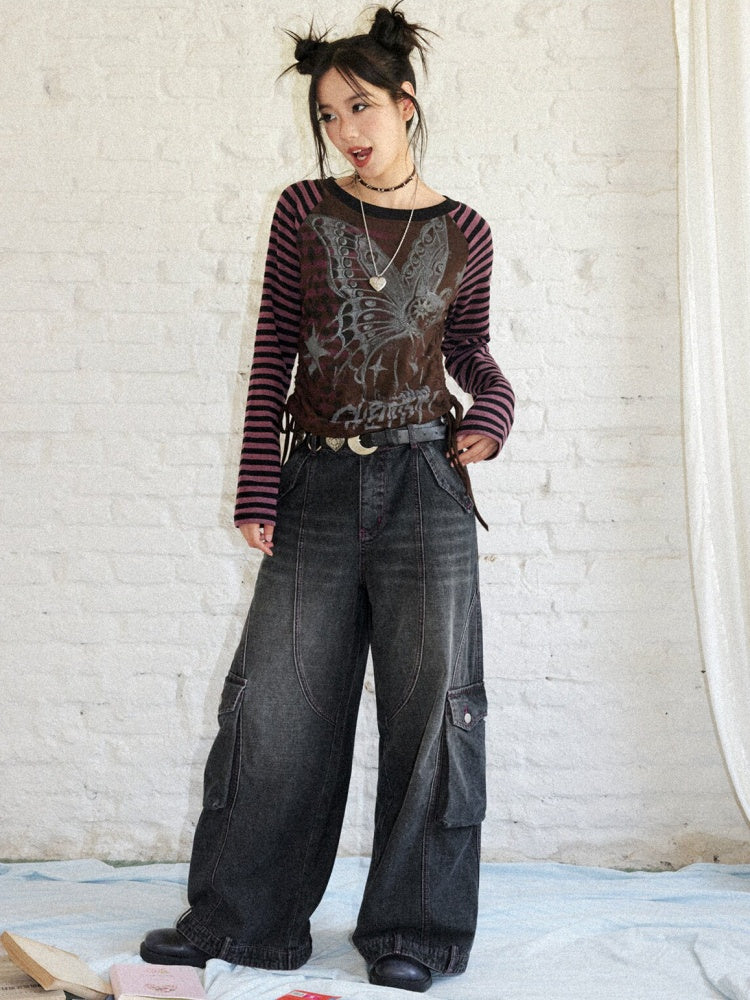 Washed Heavy Industry Vintage Wide-Leg Large Pocket Workwear Jeans【s0000018171】