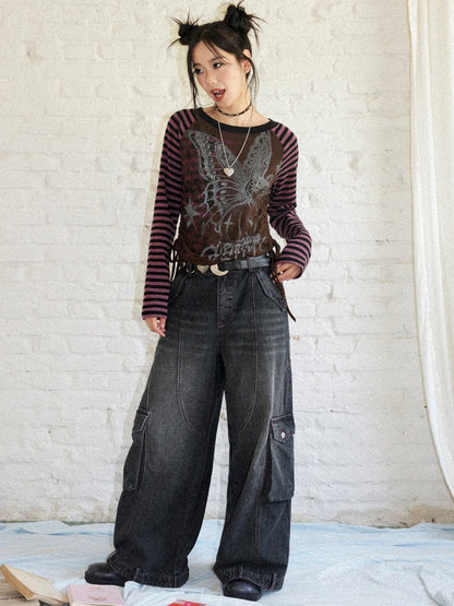 Washed Heavy Industry Vintage Wide-Leg Large Pocket Workwear Jeans【s0000018171】