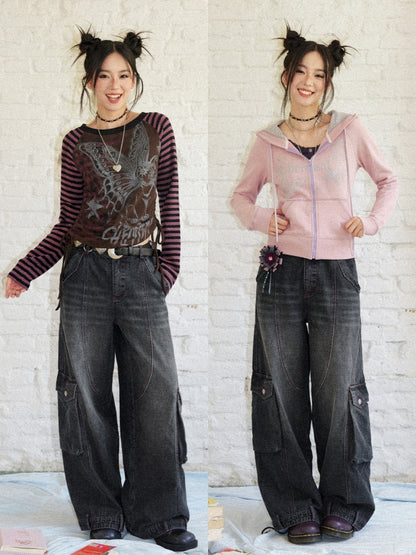 Washed Heavy Industry Vintage Wide-Leg Large Pocket Workwear Jeans【s0000018171】