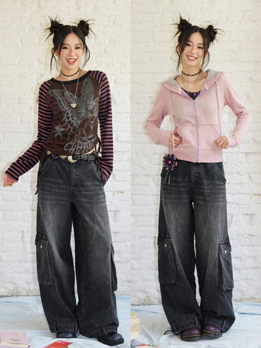 Washed Heavy Industry Vintage Wide-Leg Large Pocket Workwear Jeans【s0000018171】