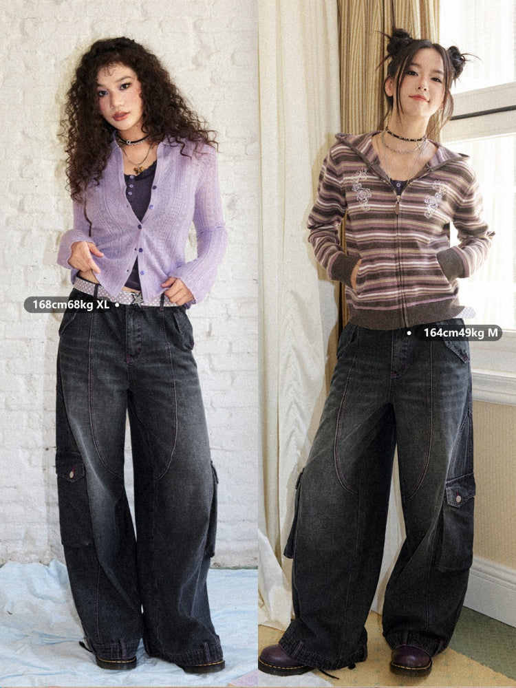Washed Heavy Industry Vintage Wide-Leg Large Pocket Workwear Jeans【s0000018171】