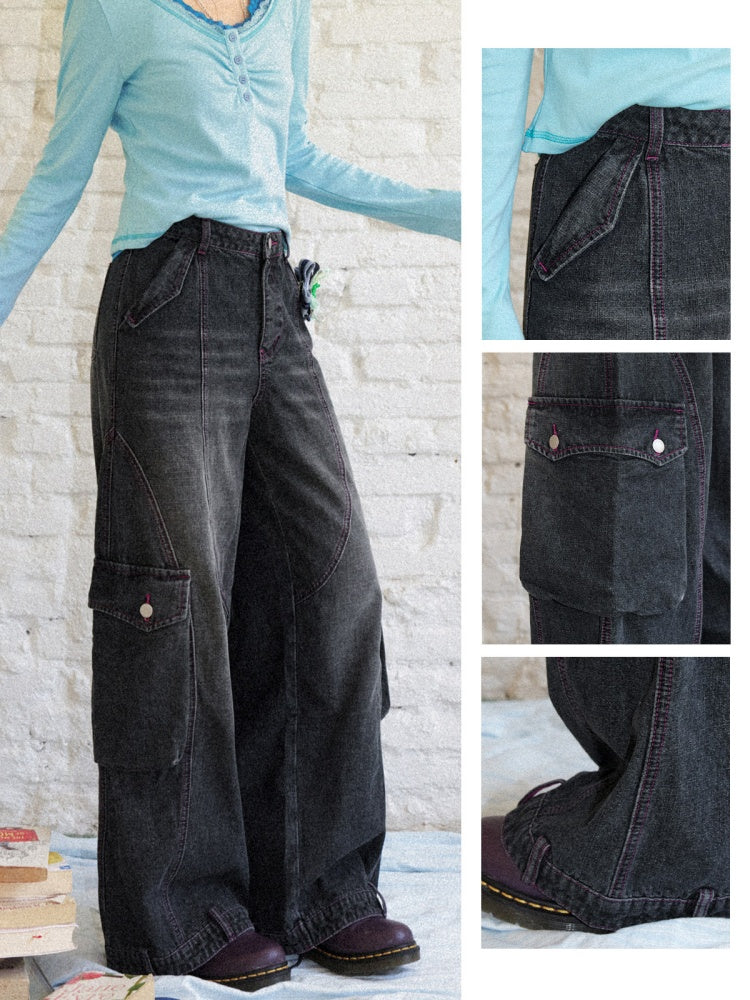 Washed Heavy Industry Vintage Wide-Leg Large Pocket Workwear Jeans【s0000018171】