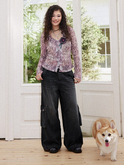 Washed Heavy Industry Vintage Wide-Leg Large Pocket Workwear Jeans【s0000018171】