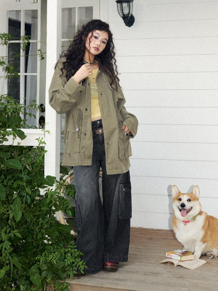 Washed Heavy Industry Vintage Wide-Leg Large Pocket Workwear Jeans【s0000018171】