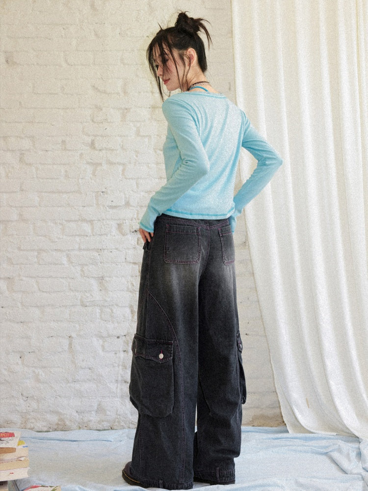 Washed Heavy Industry Vintage Wide-Leg Large Pocket Workwear Jeans【s0000018171】