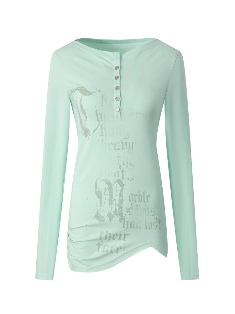 Henley Collar Gothic Print Slim-Fit Basic Long-Sleeve Base Shirt【s0000018383】