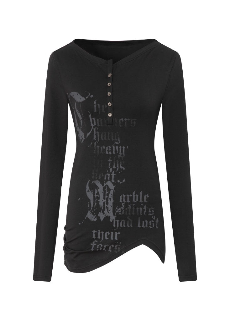 Henley Collar Gothic Print Slim-Fit Basic Long-Sleeve Base Shirt【s0000018383】