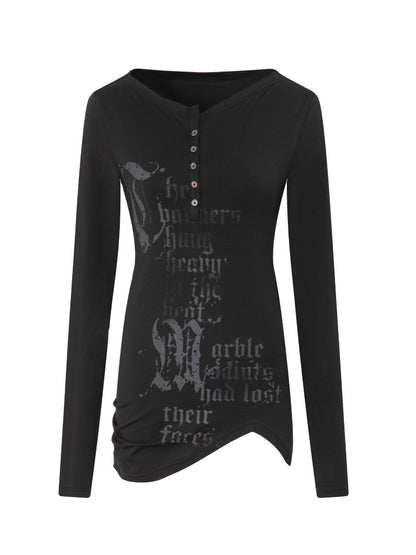Henley Collar Gothic Print Slim-Fit Basic Long-Sleeve Base Shirt【s0000018383】