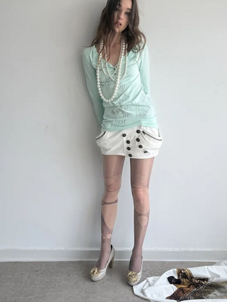 Henley Collar Gothic Print Slim-Fit Basic Long-Sleeve Base Shirt【s0000018383】