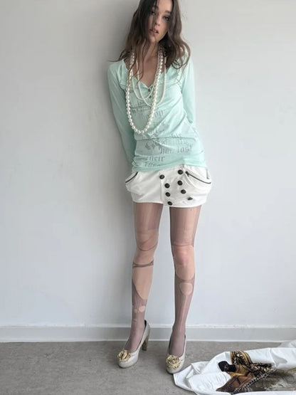Henley Collar Gothic Print Slim-Fit Basic Long-Sleeve Base Shirt【s0000018383】