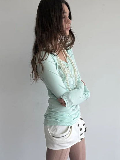 Henley Collar Gothic Print Slim-Fit Basic Long-Sleeve Base Shirt【s0000018383】