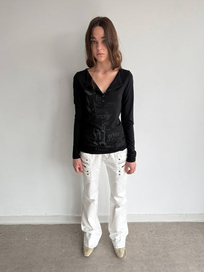 Henley Collar Gothic Print Slim-Fit Basic Long-Sleeve Base Shirt【s0000018383】