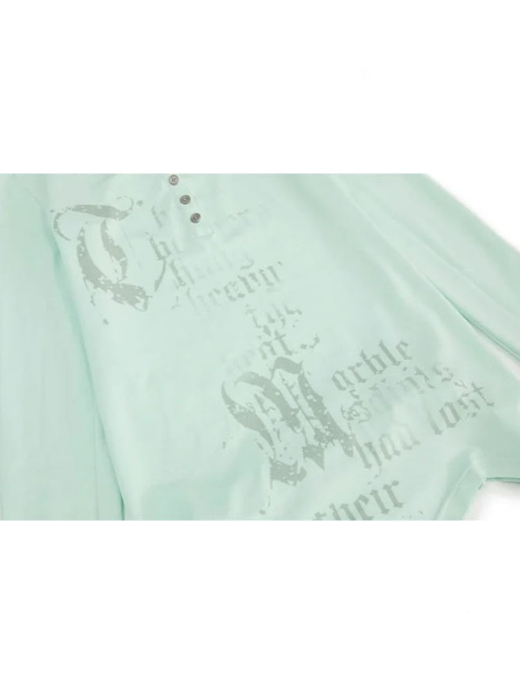 Henley Collar Gothic Print Slim-Fit Basic Long-Sleeve Base Shirt【s0000018383】