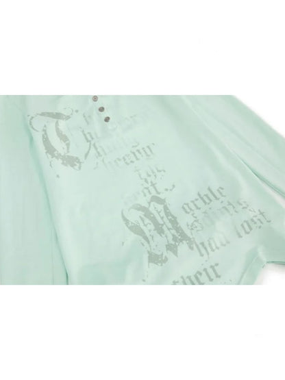 Henley Collar Gothic Print Slim-Fit Basic Long-Sleeve Base Shirt【s0000018383】