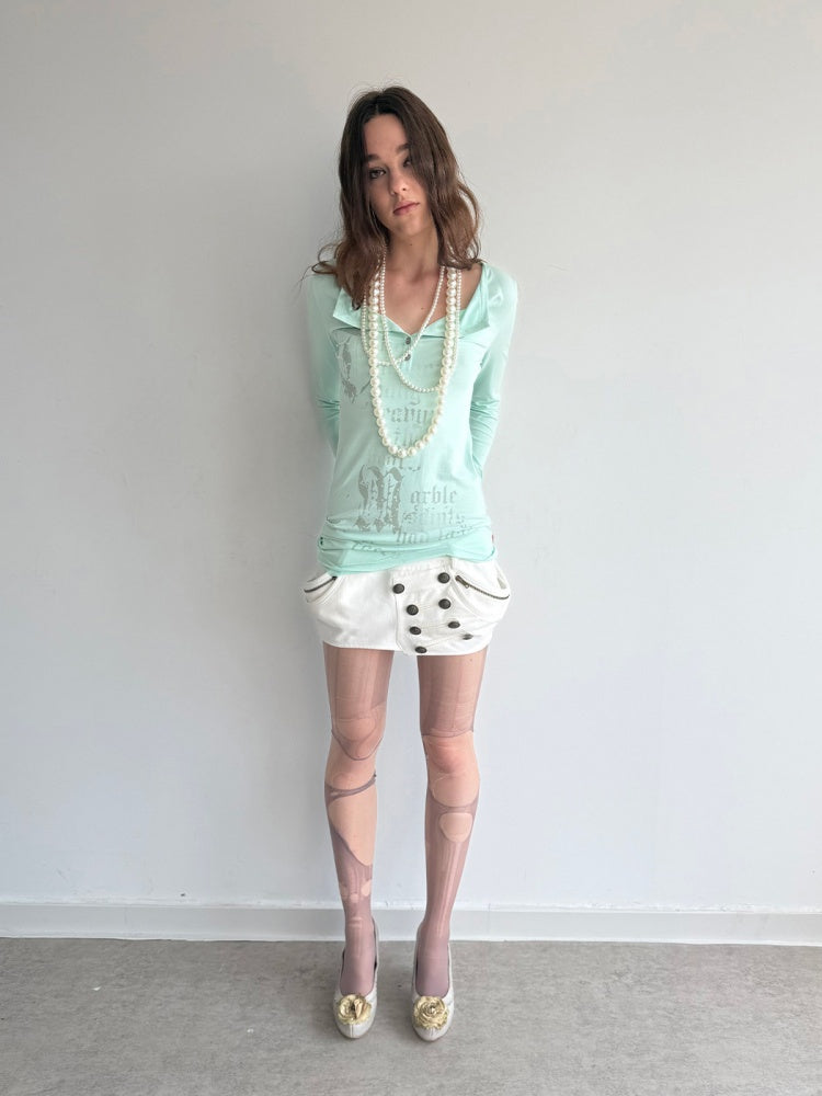 Henley Collar Gothic Print Slim-Fit Basic Long-Sleeve Base Shirt【s0000018383】