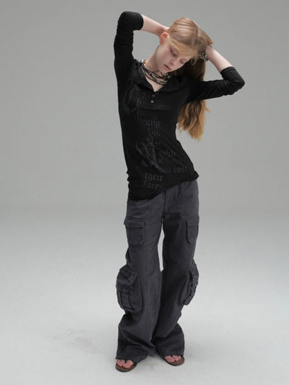 Henley Collar Gothic Print Slim-Fit Basic Long-Sleeve Base Shirt【s0000018383】