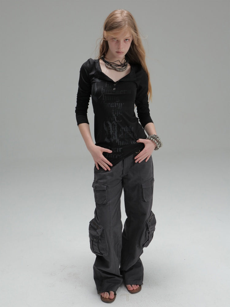 Henley Collar Gothic Print Slim-Fit Basic Long-Sleeve Base Shirt【s0000018383】