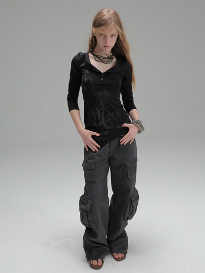 Henley Collar Gothic Print Slim-Fit Basic Long-Sleeve Base Shirt【s0000018383】