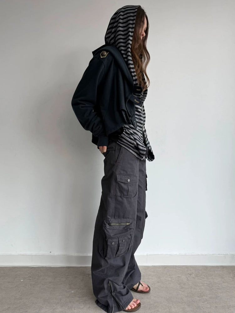 Zipper Fake Two-Piece Outerwear Base Layer Long-Sleeve Hooded Striped Top【s0000018384】