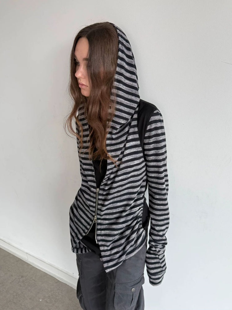 Zipper Fake Two-Piece Outerwear Base Layer Long-Sleeve Hooded Striped Top【s0000018384】