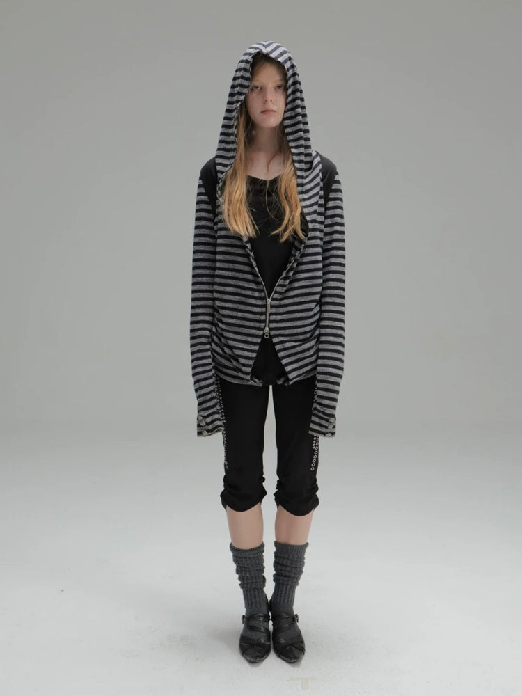 Zipper Fake Two-Piece Outerwear Base Layer Long-Sleeve Hooded Striped Top【s0000018384】