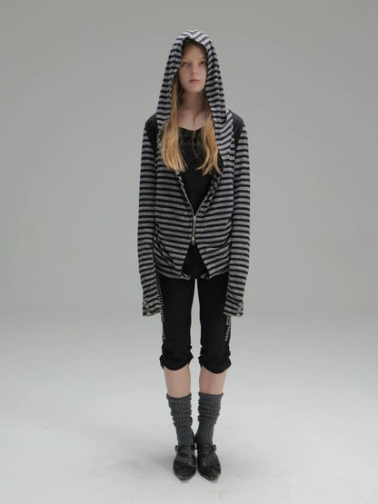 Zipper Fake Two-Piece Outerwear Base Layer Long-Sleeve Hooded Striped Top【s0000018384】