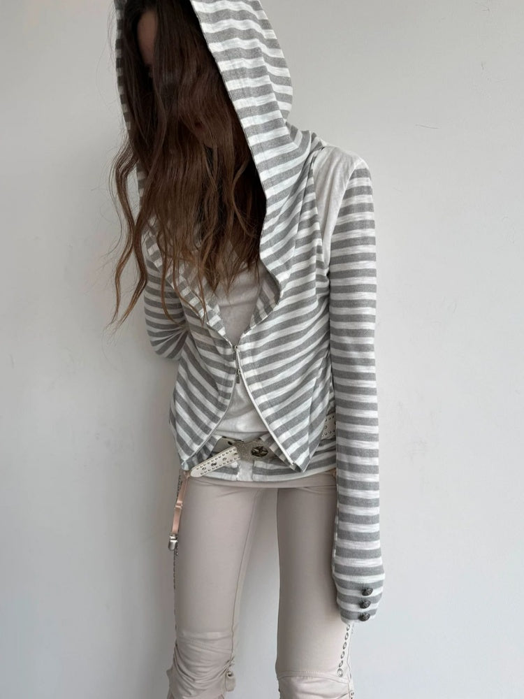 Zipper Fake Two-Piece Outerwear Base Layer Long-Sleeve Hooded Striped Top【s0000018384】
