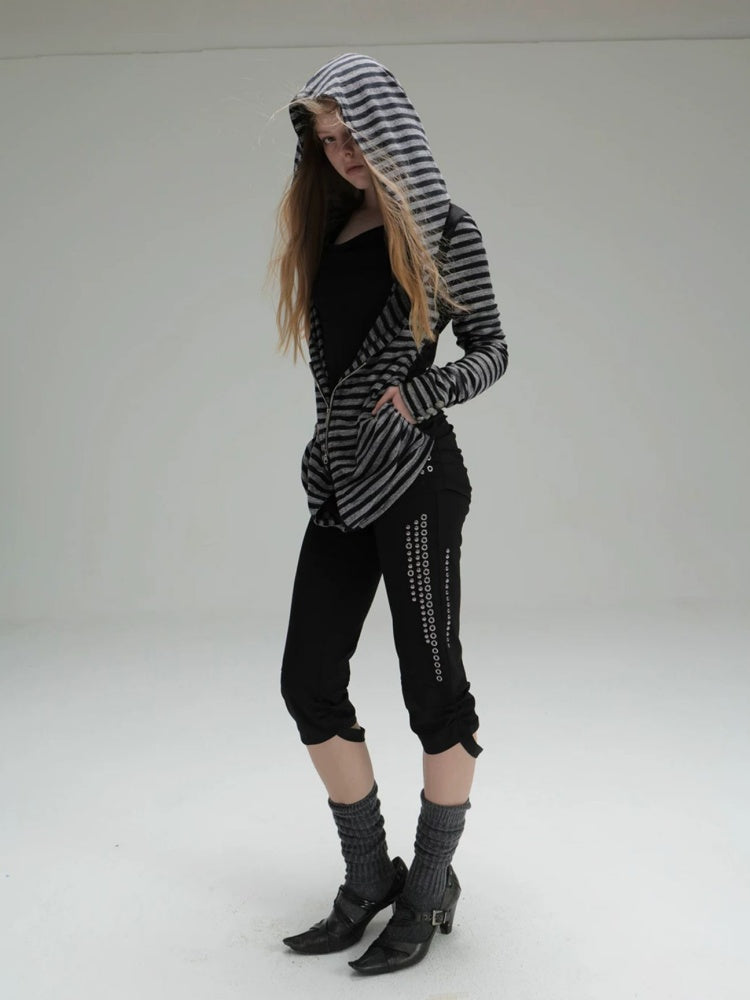 Zipper Fake Two-Piece Outerwear Base Layer Long-Sleeve Hooded Striped Top【s0000018384】
