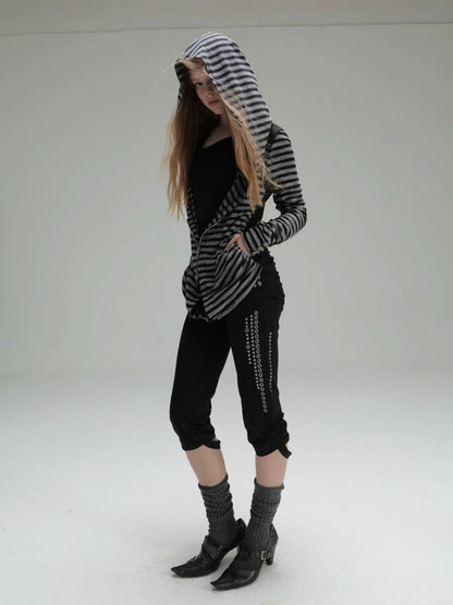 Zipper Fake Two-Piece Outerwear Base Layer Long-Sleeve Hooded Striped Top【s0000018384】