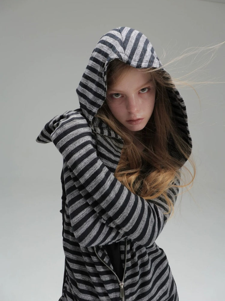 Zipper Fake Two-Piece Outerwear Base Layer Long-Sleeve Hooded Striped Top【s0000018384】