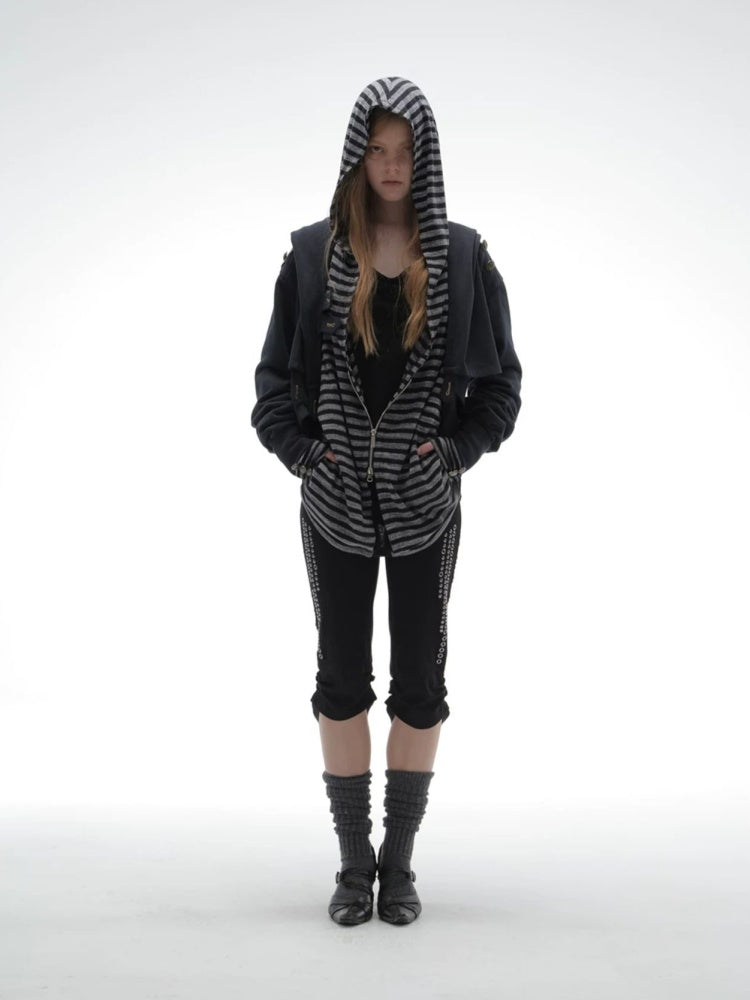 Zipper Fake Two-Piece Outerwear Base Layer Long-Sleeve Hooded Striped Top【s0000018384】