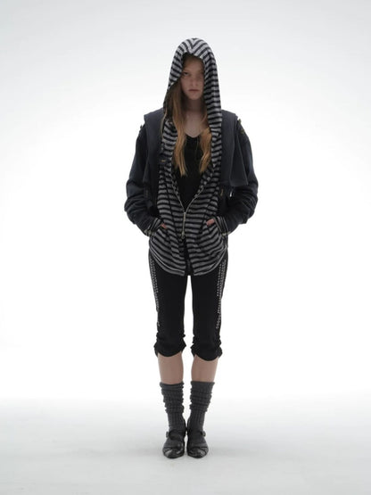 Zipper Fake Two-Piece Outerwear Base Layer Long-Sleeve Hooded Striped Top【s0000018384】