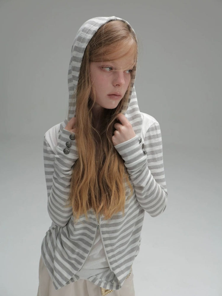 Zipper Fake Two-Piece Outerwear Base Layer Long-Sleeve Hooded Striped Top【s0000018384】