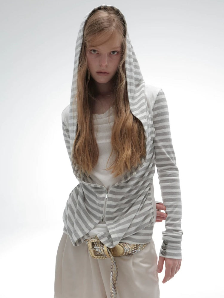 Zipper Fake Two-Piece Outerwear Base Layer Long-Sleeve Hooded Striped Top【s0000018384】