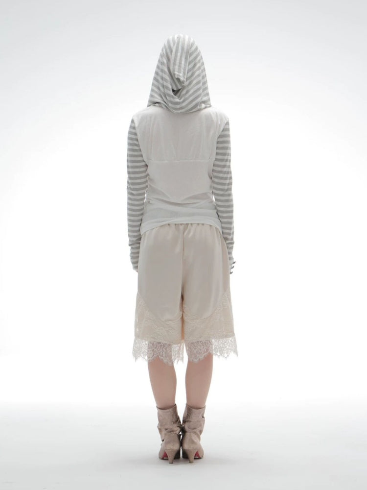 Zipper Fake Two-Piece Outerwear Base Layer Long-Sleeve Hooded Striped Top【s0000018384】