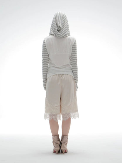 Zipper Fake Two-Piece Outerwear Base Layer Long-Sleeve Hooded Striped Top【s0000018384】
