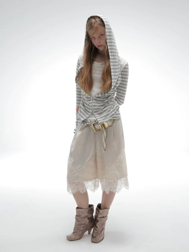 Zipper Fake Two-Piece Outerwear Base Layer Long-Sleeve Hooded Striped Top【s0000018384】