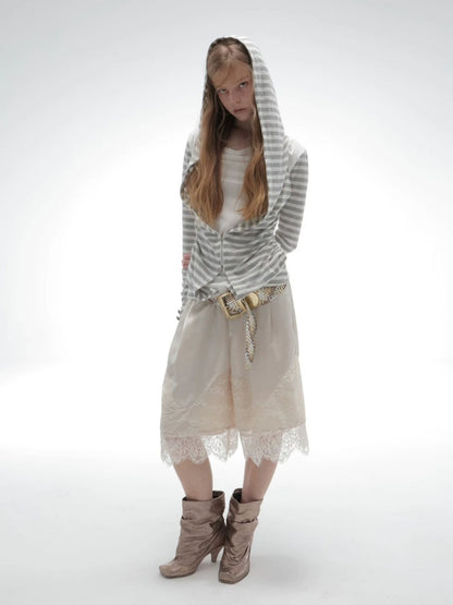 Zipper Fake Two-Piece Outerwear Base Layer Long-Sleeve Hooded Striped Top【s0000018384】