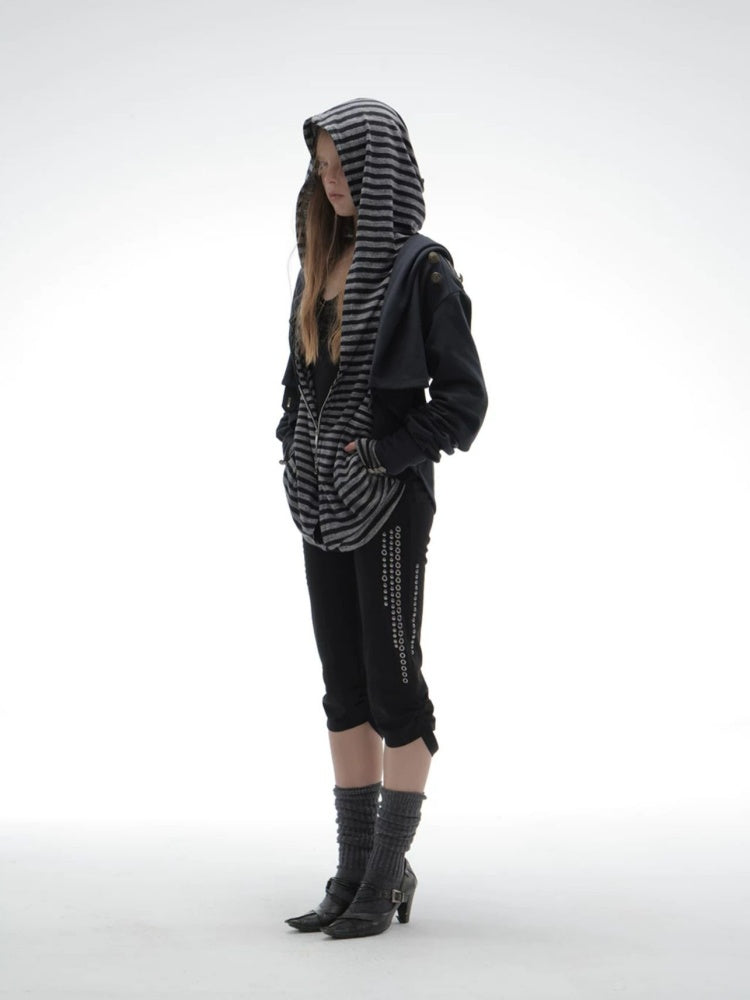 Zipper Fake Two-Piece Outerwear Base Layer Long-Sleeve Hooded Striped Top【s0000018384】