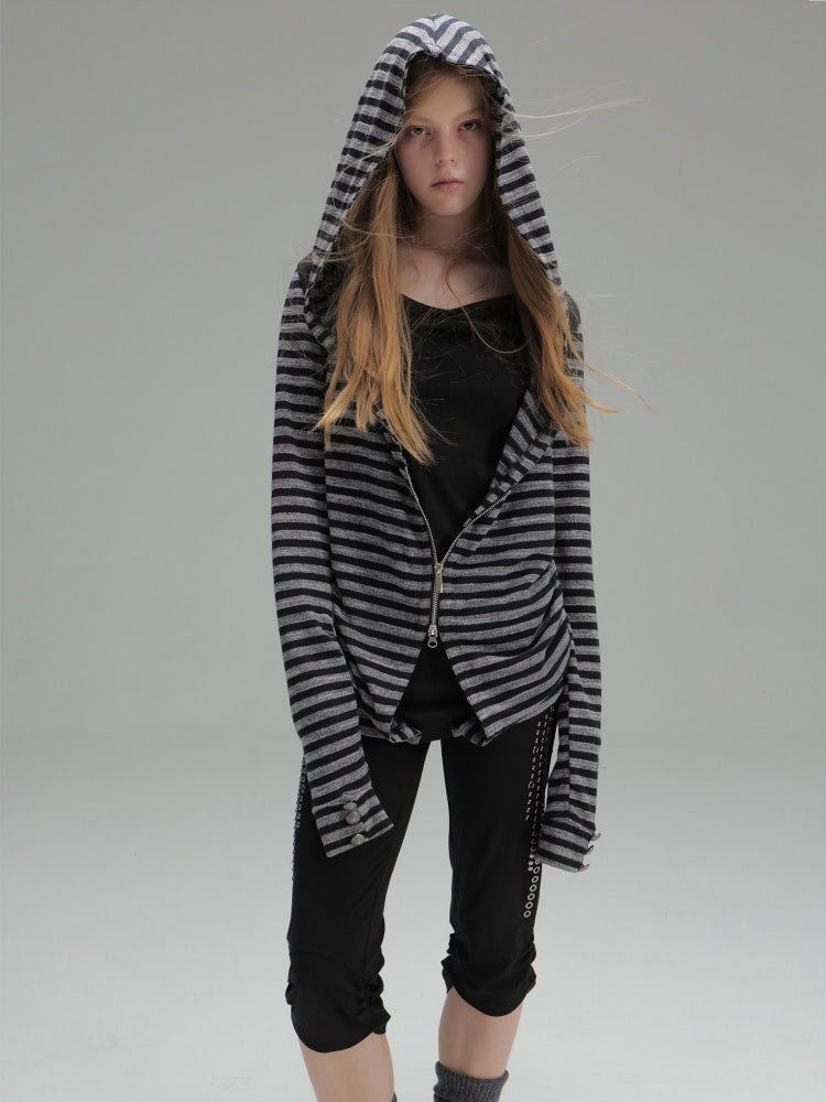 Zipper Fake Two-Piece Outerwear Base Layer Long-Sleeve Hooded Striped Top【s0000018384】
