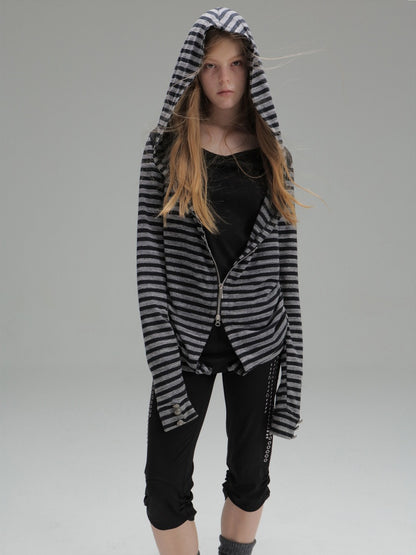 Zipper Fake Two-Piece Outerwear Base Layer Long-Sleeve Hooded Striped Top【s0000018384】
