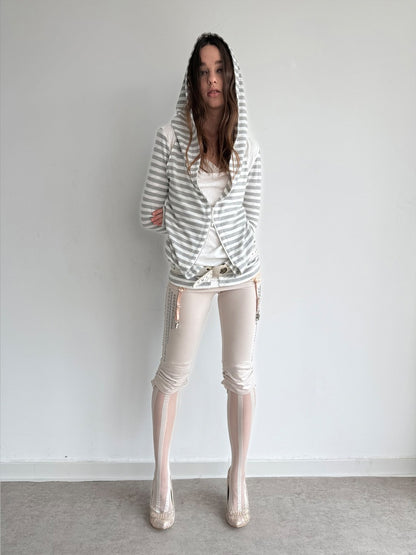 Zipper Fake Two-Piece Outerwear Base Layer Long-Sleeve Hooded Striped Top【s0000018384】