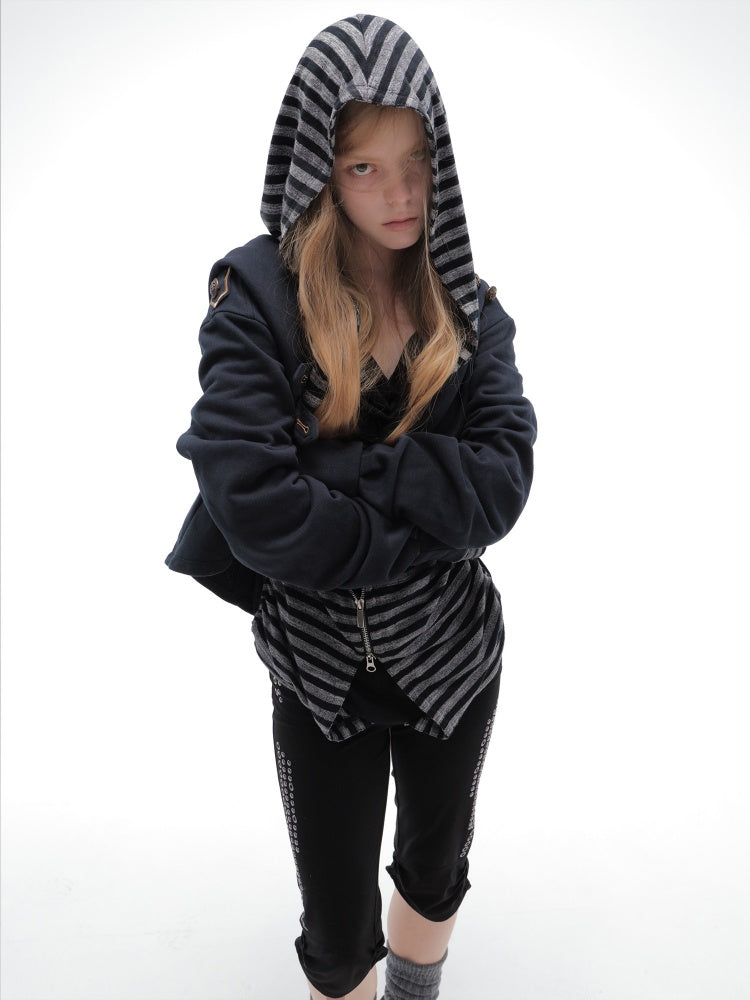 Zipper Fake Two-Piece Outerwear Base Layer Long-Sleeve Hooded Striped Top【s0000018384】