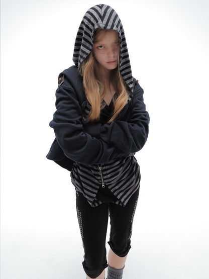Zipper Fake Two-Piece Outerwear Base Layer Long-Sleeve Hooded Striped Top【s0000018384】