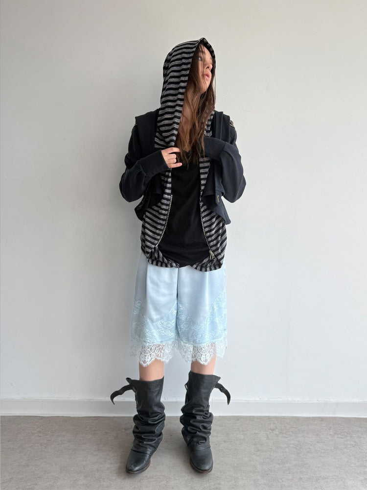 Zipper Fake Two-Piece Outerwear Base Layer Long-Sleeve Hooded Striped Top【s0000018384】