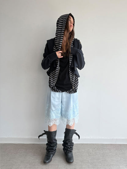 Zipper Fake Two-Piece Outerwear Base Layer Long-Sleeve Hooded Striped Top【s0000018384】