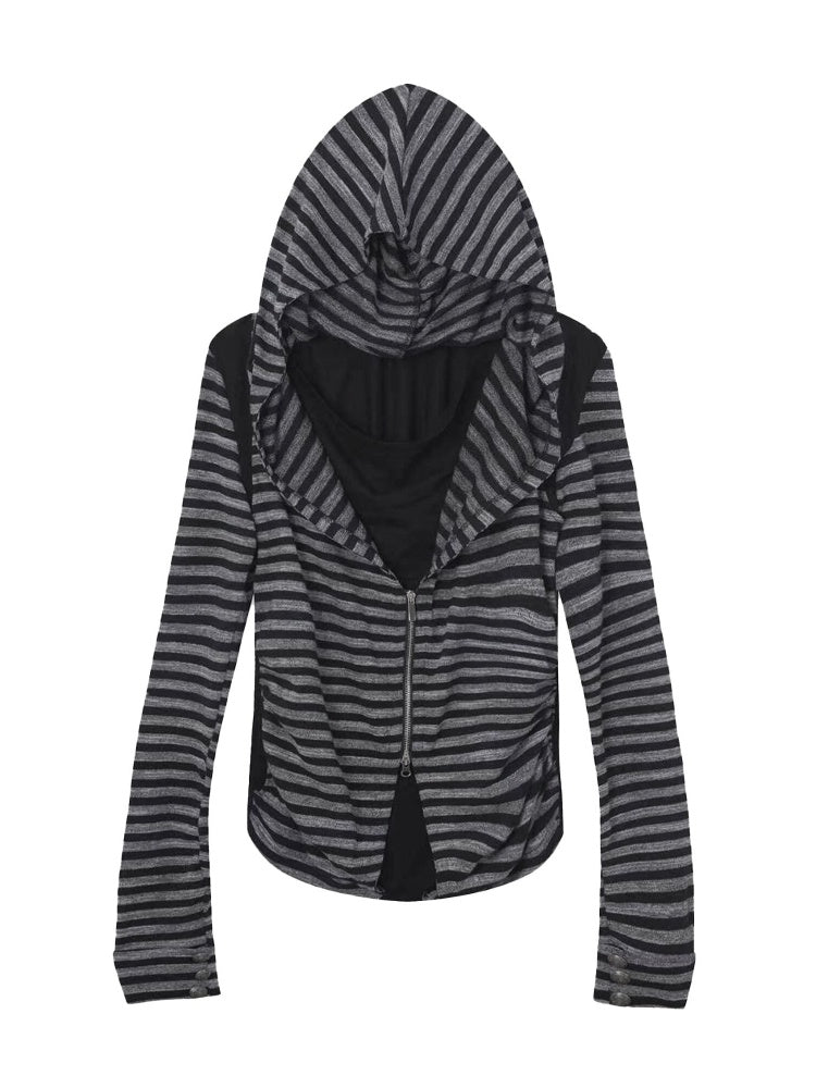 Zipper Fake Two-Piece Outerwear Base Layer Long-Sleeve Hooded Striped Top【s0000018384】