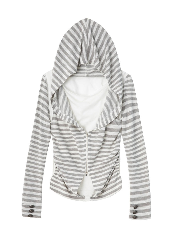 Zipper Fake Two-Piece Outerwear Base Layer Long-Sleeve Hooded Striped Top【s0000018384】