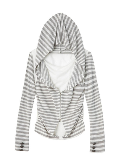 Zipper Fake Two-Piece Outerwear Base Layer Long-Sleeve Hooded Striped Top【s0000018384】