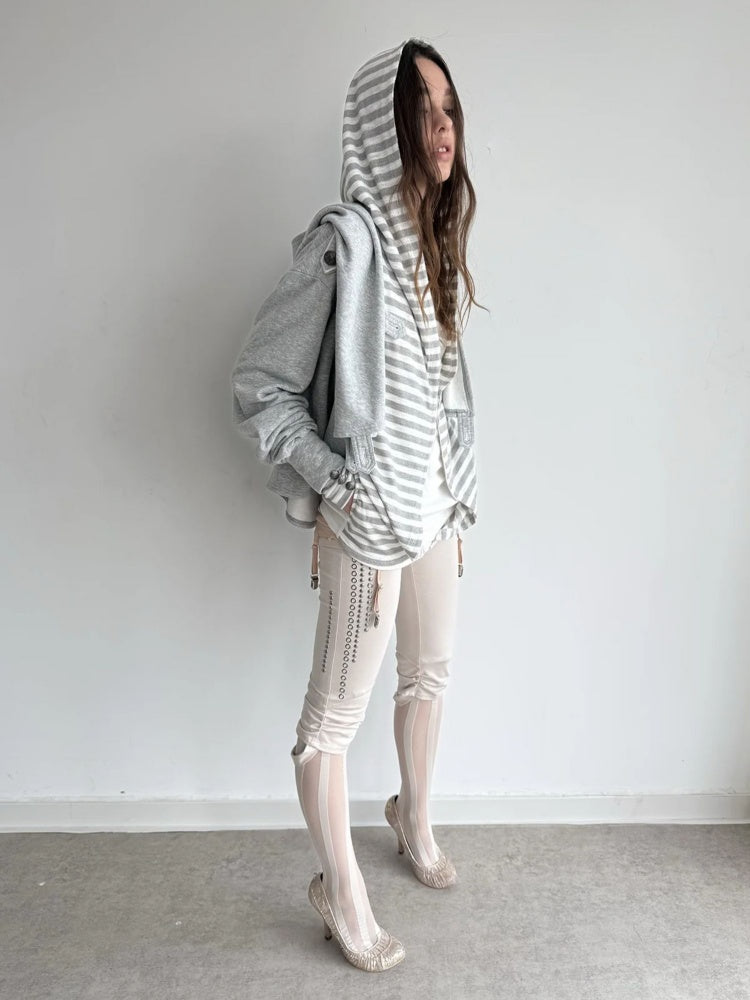 Zipper Fake Two-Piece Outerwear Base Layer Long-Sleeve Hooded Striped Top【s0000018384】